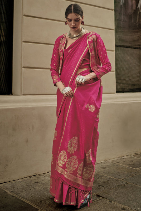 Art Silk Fabric Function Wear Rani Color Fancy Weaving Work Saree