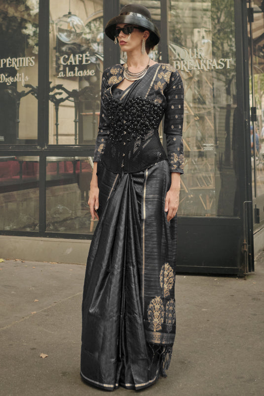 Black Color Reception Wear Trendy Weaving Work Saree In Art Silk Fabric