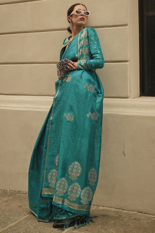 Teal Color Art Silk Fabric Weaving Work Festive Wear Fancy Saree
