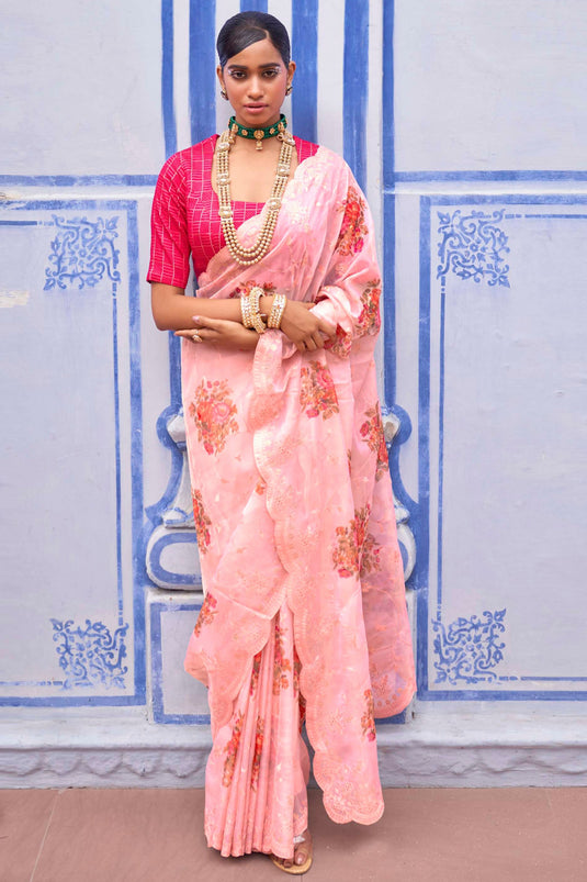 Organza Fabric Pink Color Embroidered Floral Digital Printed Festive Wear Trendy Saree