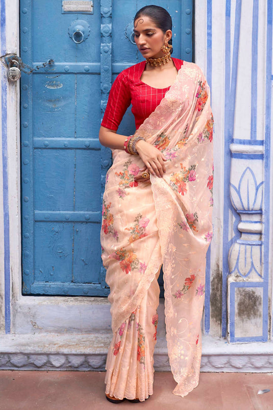 Embroidered Floral Digital Printed Organza Fabric Festive Wear Pink Color Designer Saree