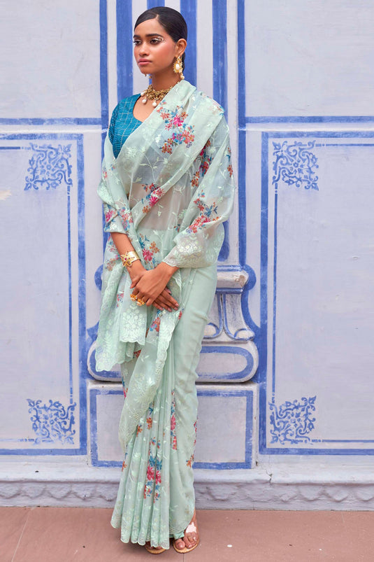 Organza Fabric Function Wear Sky Blue Color Fancy Embroidered Floral Digital Printed Saree