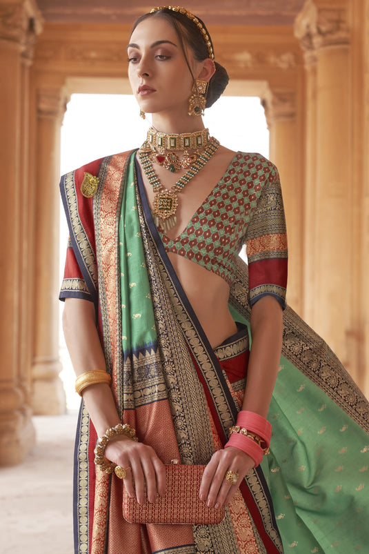 Green Color Kanjivaram Silk Fabric Weaving Print Function Wear Fancy Saree With Patola Design Blouse