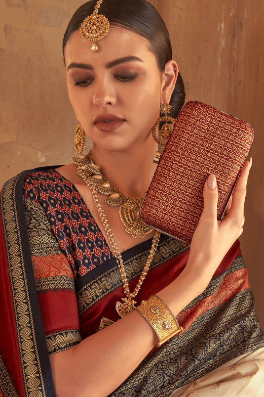 Kanjivaram Silk Fabric Beige Color Weaving Print Festive Wear Trendy Saree With Patola Design Blouse