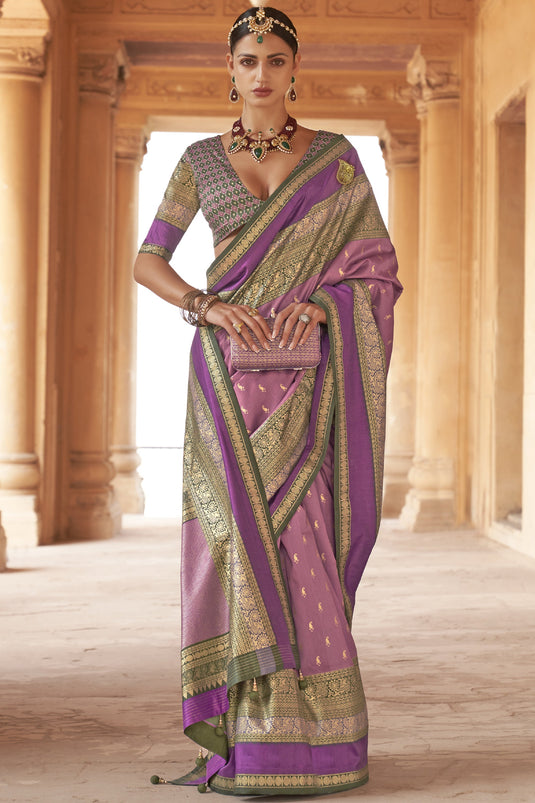 Violet Color Weaving Print Kanjivaram Silk Fabric Sangeet Wear Saree With Patola Design Blouse