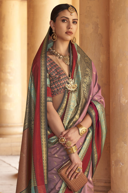 Pink Color Kanjivaram Silk Fabric Weaving Print Festive Wear Fancy Saree With Patola Design Blouse