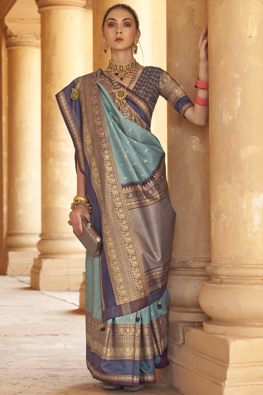 Kanjivaram Silk Fabric Weaving Print Sky Blue Color Sangeet Wear Trendy Saree With Patola Design Blouse