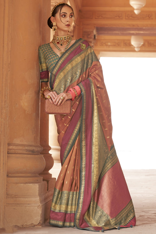 Kanjivaram Silk Fabric Weaving Print Brown Color Wedding Wear Saree With Patola Design Blouse
