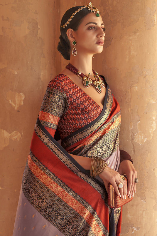 Weaving Print Lavender Color Kanjivaram Silk Fabric Reception Wear Saree With Patola Design Blouse