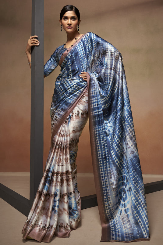 Satin Crepe Fabric Navy Blue And Beige Color Digital Printed Festive Wear Trendy Saree