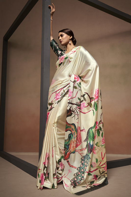 Beige Color Digital Printed Satin Crepe Fabric Casual Wear Saree