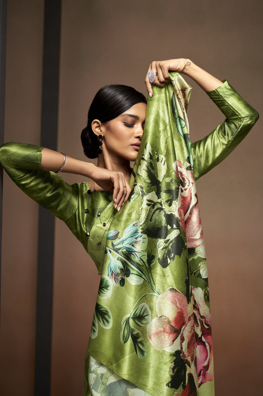 Digital Printed Satin Crepe Fabric Casual Wear Green Color Designer Saree