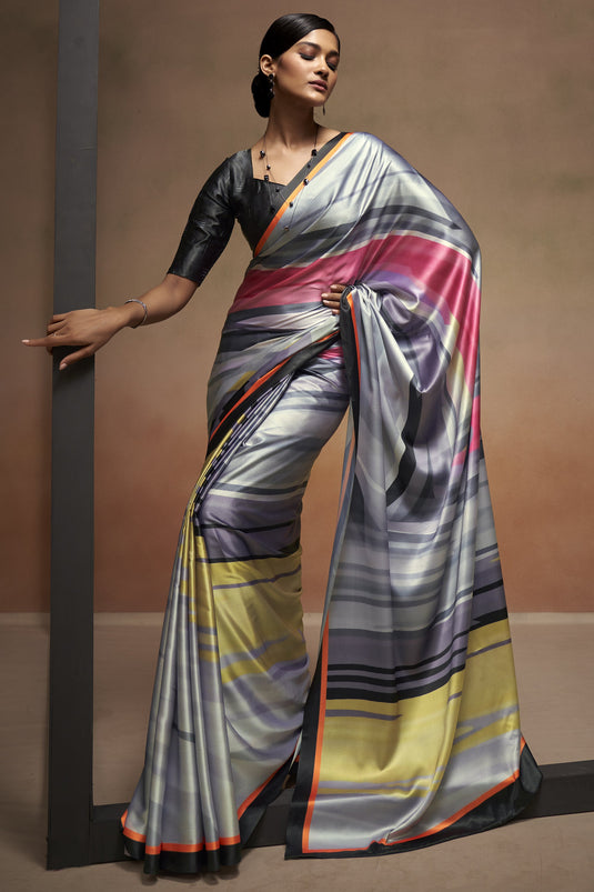 Grey Color Daily Wear Trendy Digital Printed Saree In Satin Crepe Fabric