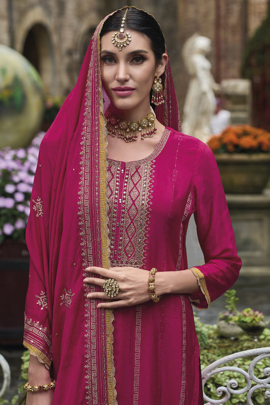 Magenta Color Chinon Fabric Fancy Embroidered Function Wear Readymade Palazzo Salwar Suit