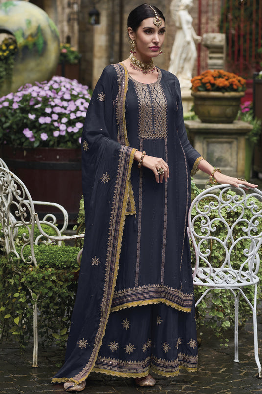 Sangeet Wear Embroidered Readymade Palazzo Salwar Kameez In Chinon Fabric Navy Blue Color
