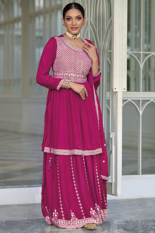 Magenta Color Silk Fabric Fancy Embroidered Function Wear Readymade Palazzo Salwar Suit