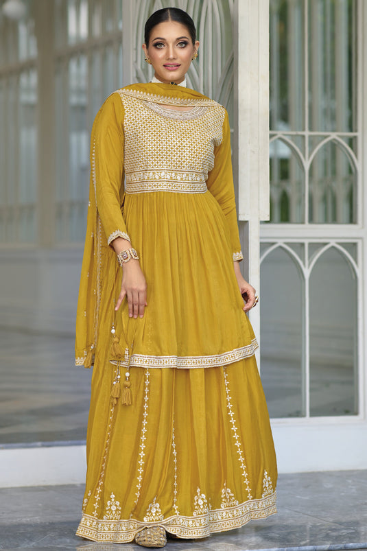 Sangeet Wear Embroidered Readymade Palazzo Salwar Kameez In Silk Fabric Mustard Color