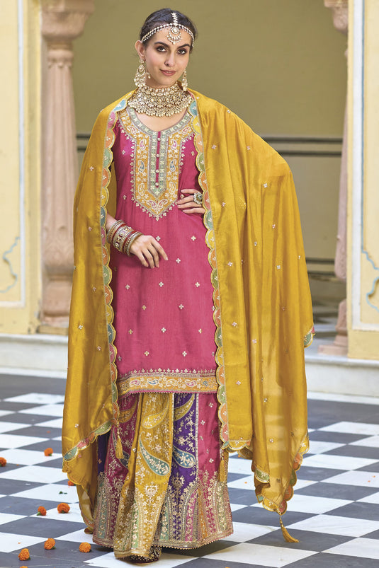 Embroidered Pink Sangeet Wear Sharara Style Readymade Lehenga In Art Silk Fabric