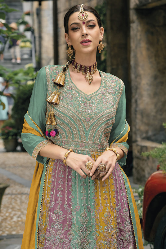 RF - Green color faux Georgette Palazzo Suit. - Designer Salwar Kameez -  Salwar Suits - Indian