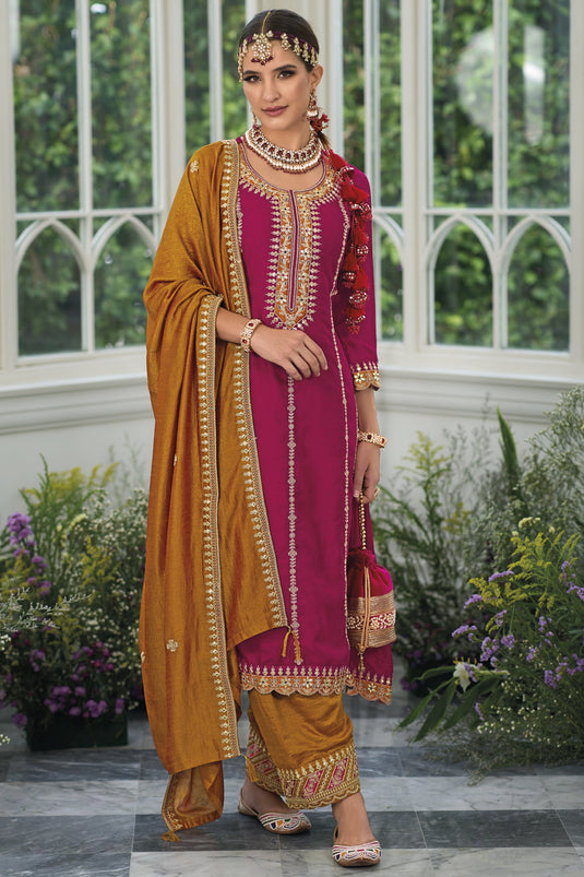 Karva Chauth Special Charming Rani Color Art Silk Fabric Embroidery Work Readymade Salwar Kameez