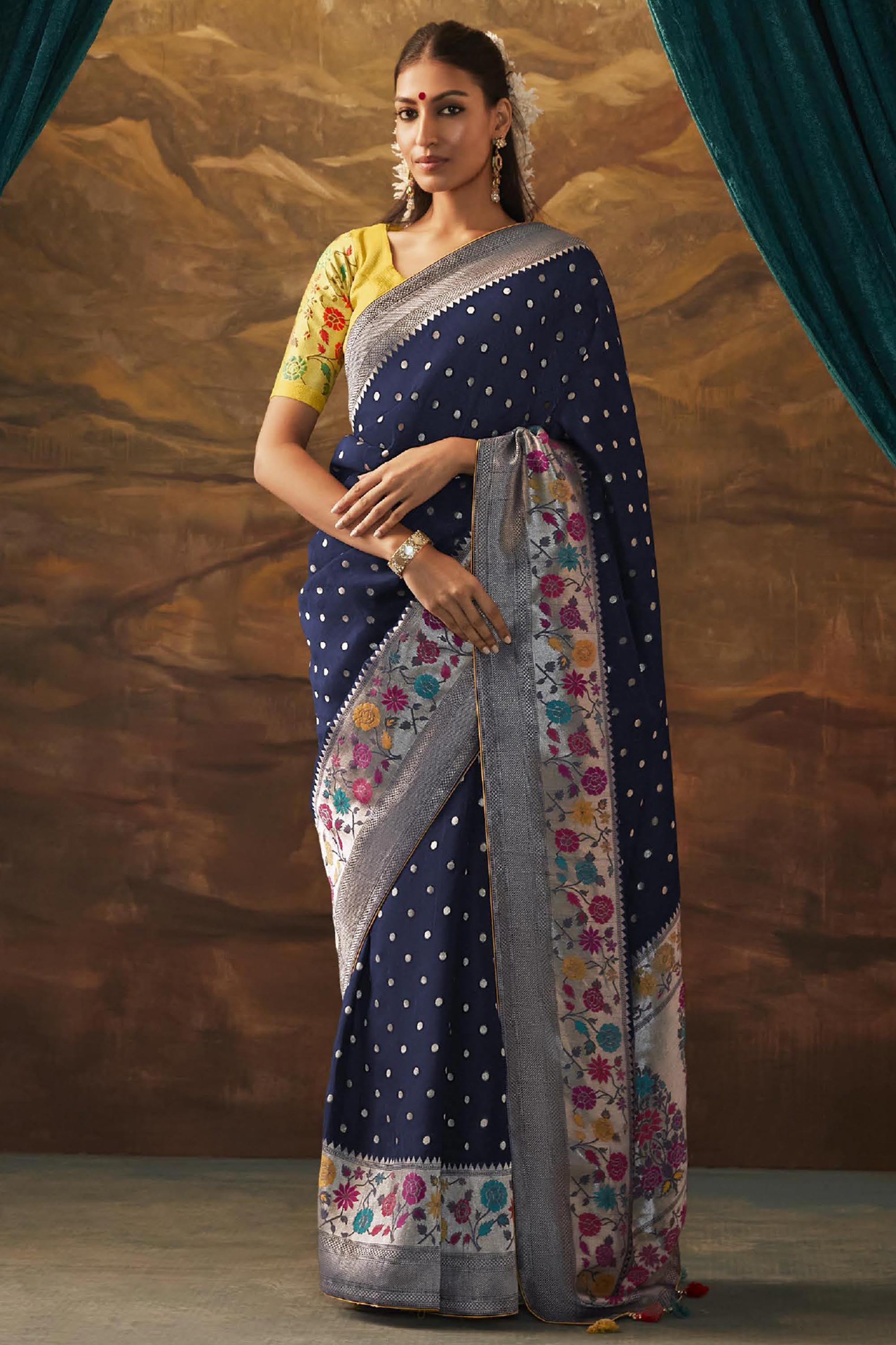 Modal Silk Saree Blue Base Red&Black Floral Print - Byhand Kochi