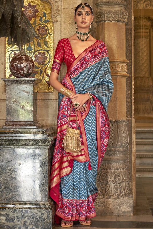 Art Silk Fabric Printed Rich Sky Blue Color Festive Wear Patola Saree