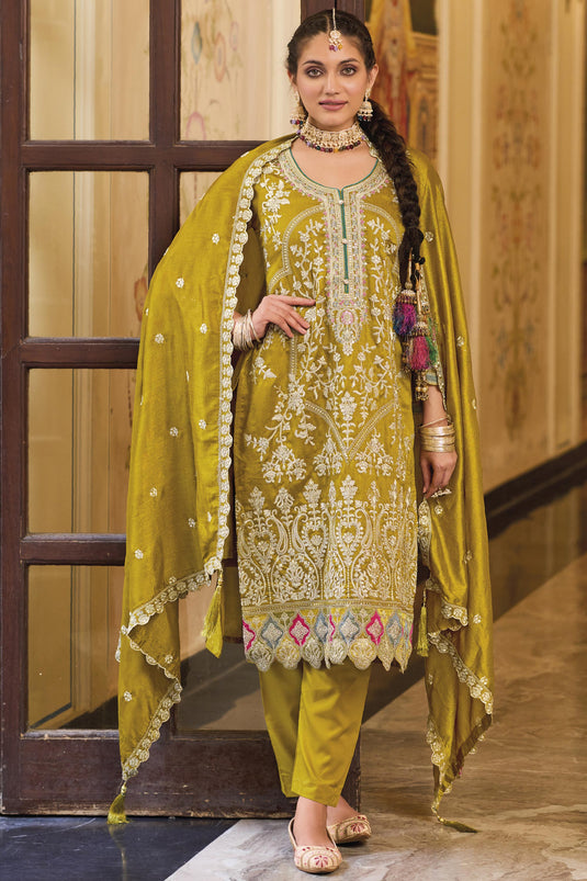 Diwali Special Mustard Color Embroidered Readymade Designer Salwar Suit In Art Silk Fabric
