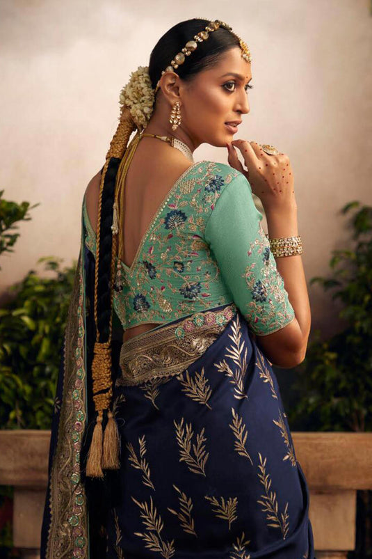Navy Blue Dola Silk Saree With Designer Minakari Pallu & Contrast Blouse -  Mejaaz Fashion