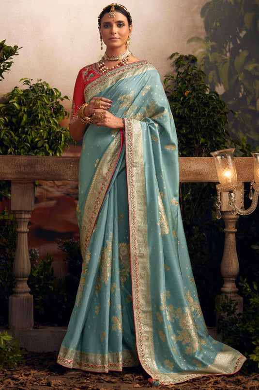Sky Blue Color Art Silk Fabric Weaving Work Saree With Contrast Blouse