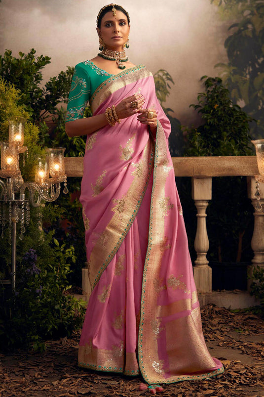 Art Silk Fabric Pink Color Weaving Work Saree With Contrast Blouse