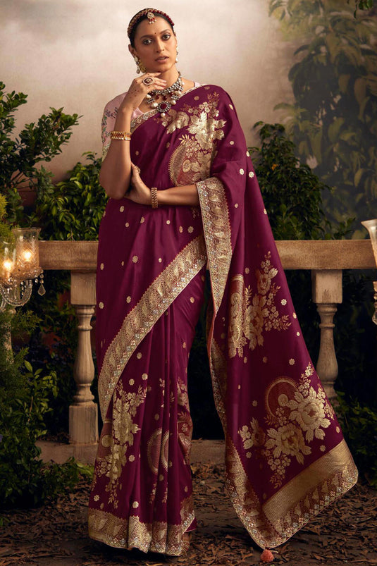 Wine Color Weaving Work Art Silk Fabric Saree With Contrast Blouse