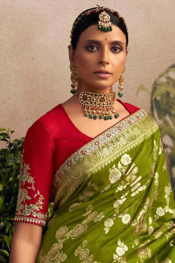 Glorious Look Weaving Work Art Silk Fabric Green Color Saree With Cont
