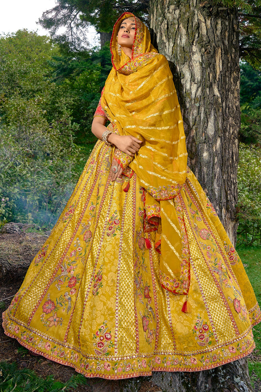 Mustard Color Banarasi With Tassels Designer Party Wear Lehenga Choli -  2618140758