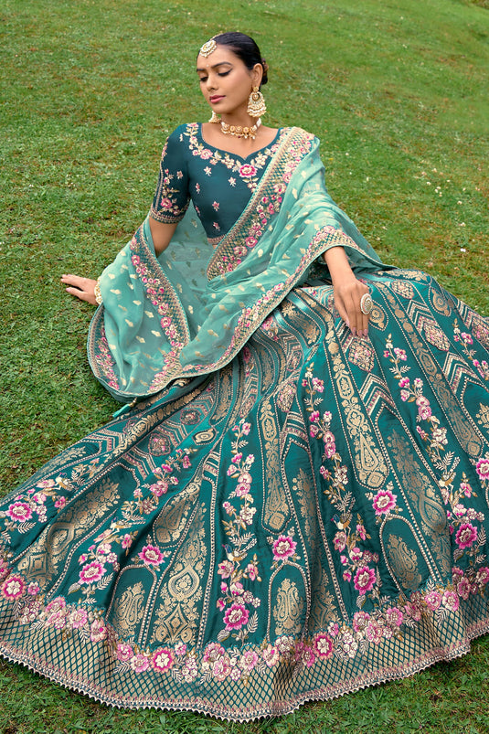 Heavy Embroidery Work Teal Color Silk Fabric Bridal Lehenga Choli