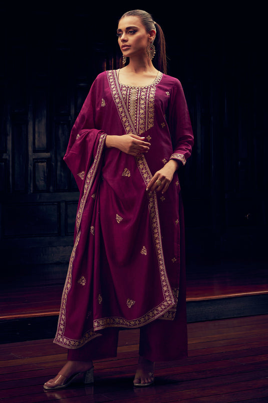 Function Wear Art Silk Fabric Embroidered Magenta Color Straight Cut Long Palazzo Suit