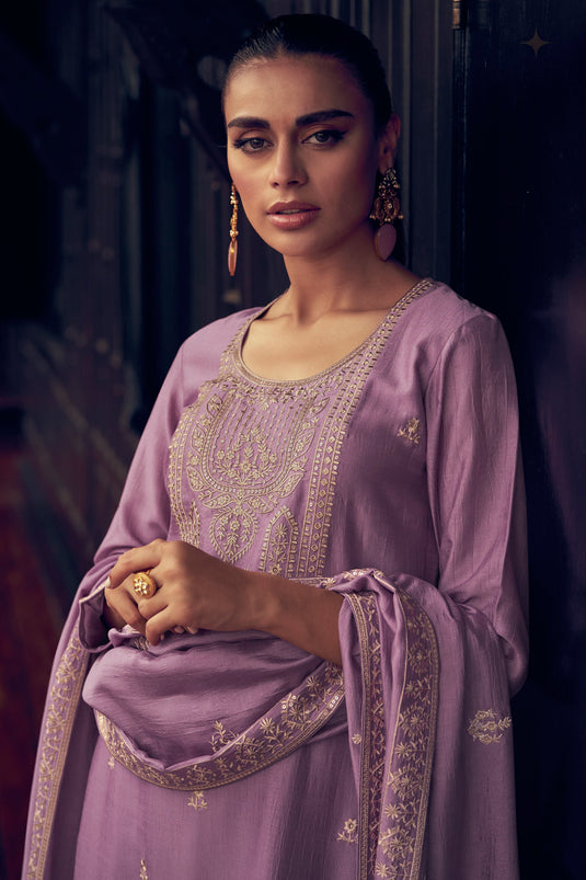 Lavender Color Embroidered Art Silk Fabric Function Wear Straight Cut Long Palazzo Salwar Suit