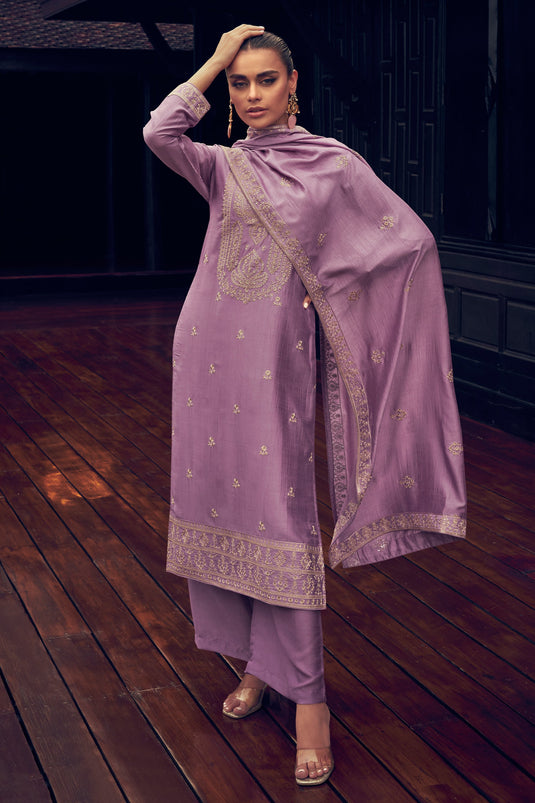 Lavender Color Embroidered Art Silk Fabric Function Wear Straight Cut Long Palazzo Salwar Suit