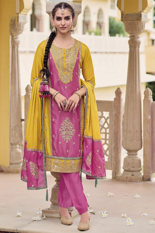 Function Wear Pink Color Readymade Punjabi Designer Salwar Suit In Chinon Fabric