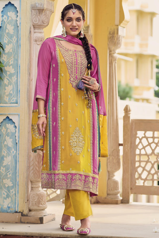 Embroidered Readymade Punjabi Designer Salwar Suit In Chinon Fabric Yellow Color