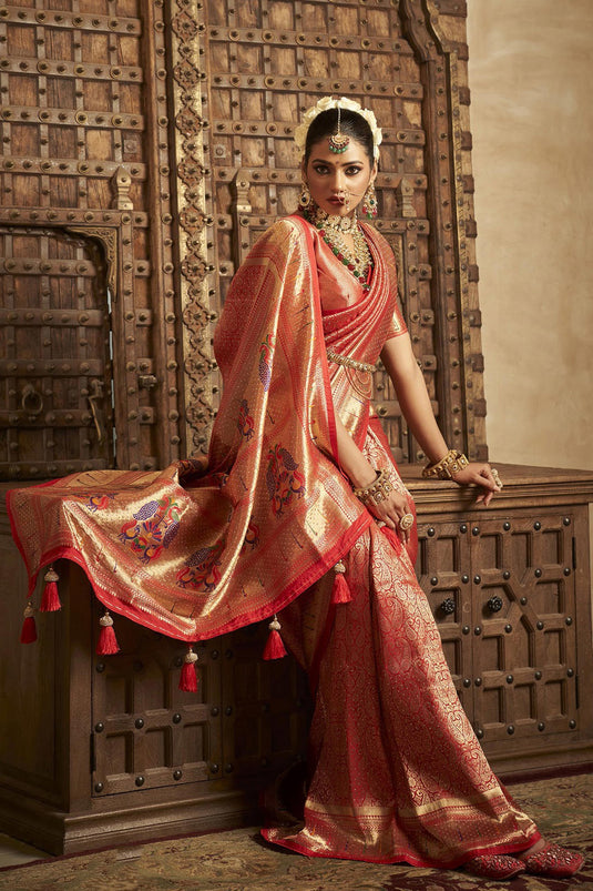 Creative Pure Weaving Red Color Silk Saree With Designer Matching Blouse