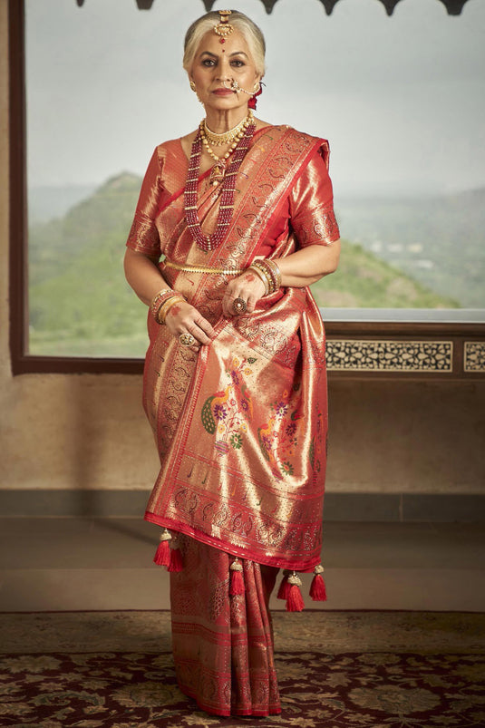 Marvelous Silk Pure Weaving Red Color Saree With Designer Matching Blouse
