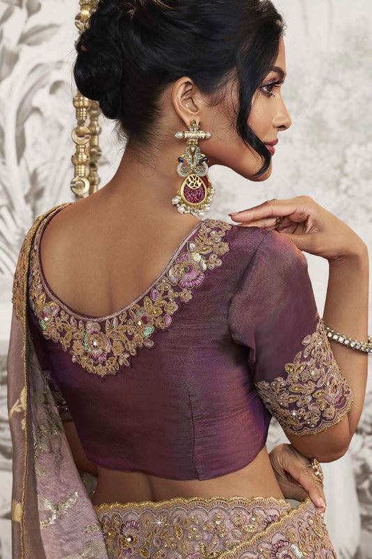 Dazzling Lavender Color Fancy Fabric Heavy Embroidery Work Saree With Party Look Blouse