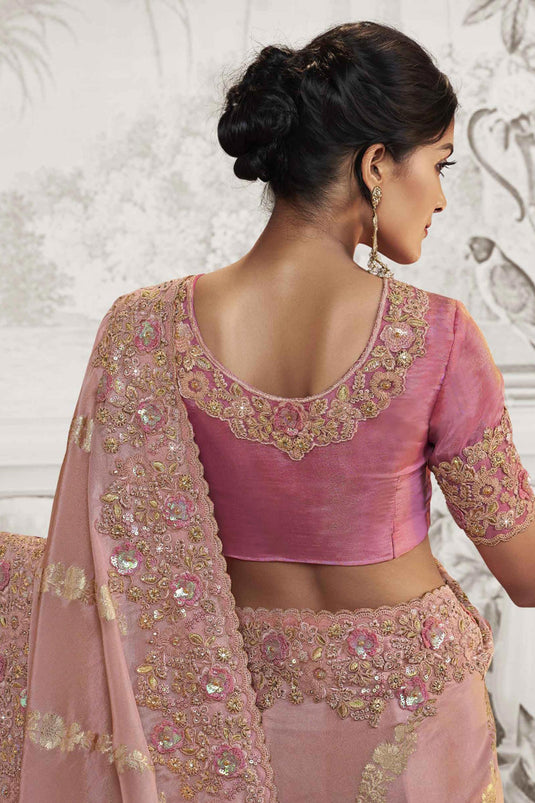 Marvelous Heavy Embroidery Work Fancy Fabric Pink Color Saree With Party Look Blouse