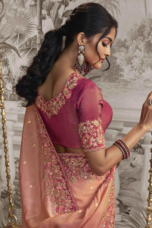 Radiant Pink Color Heavy Embroidery Work Fancy Fabric Saree With Party Look Blouse