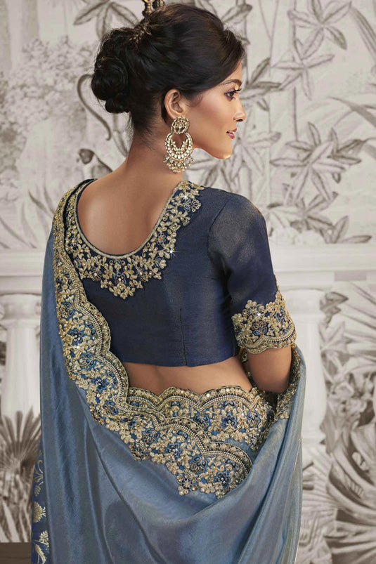 Excellent Fancy Fabric Blue Color Heavy Embroidery Work Saree With Party Look Blouse