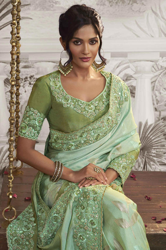 Incredible Heavy Embroidery Work Fancy Fabric Sea Green Color Saree With Party Look Blouse