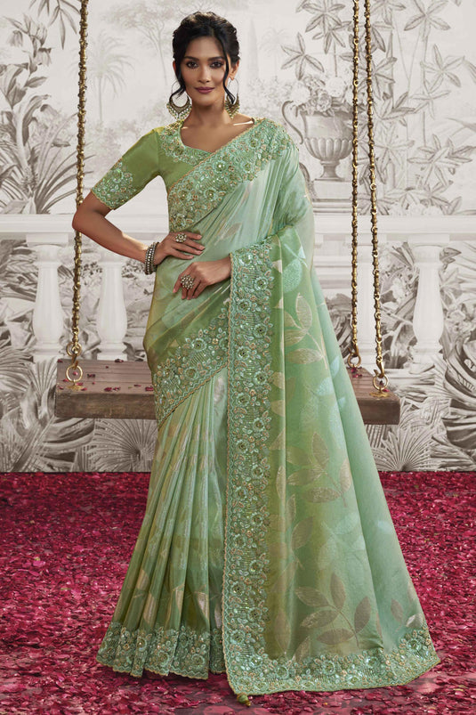 Incredible Heavy Embroidery Work Fancy Fabric Sea Green Color Saree With Party Look Blouse