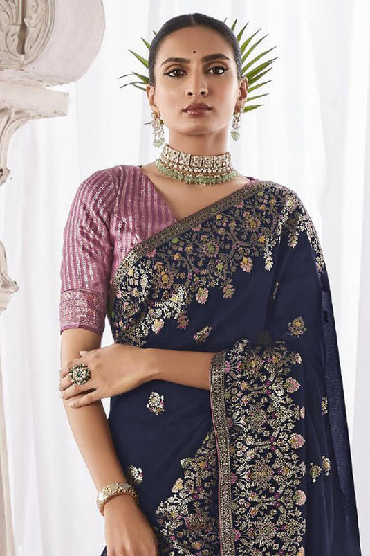 Navy Blue Color Glorious Art Silk Saree With Weaving Work