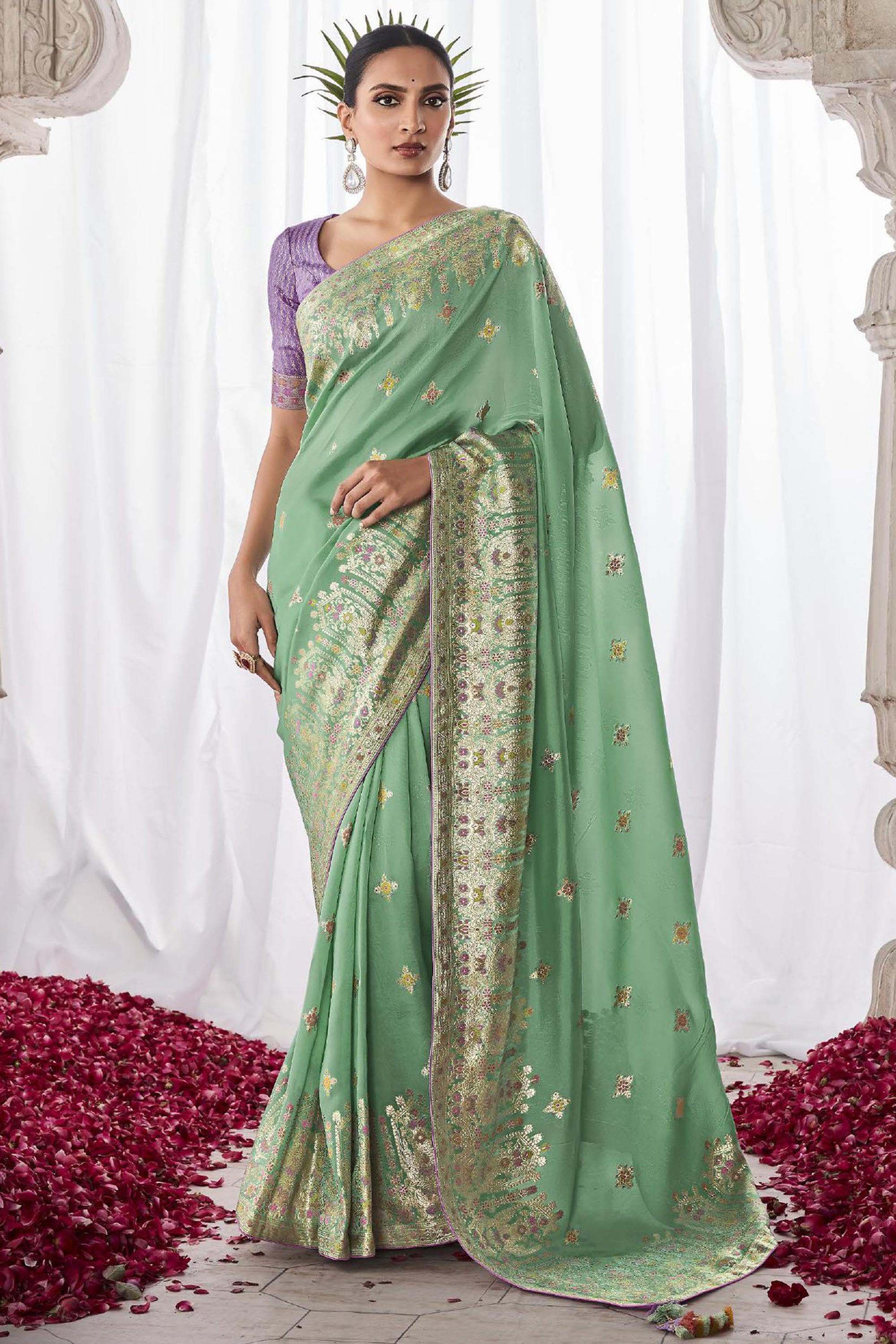 Sea green Organza silk saree with sequins and bead work, stitched blou –  Z'Bella Couture
