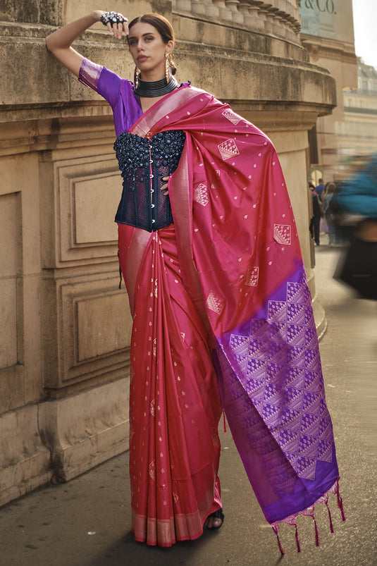 Excellent Art Silk Fabric Rani Color Weaving Work Saree